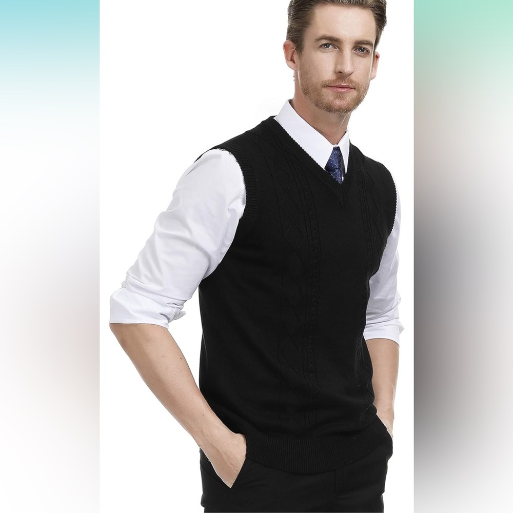 NWT PJ PAUL JONES V Neck Pullover Knitted Cable Sweater Vest in Black, Suze XL